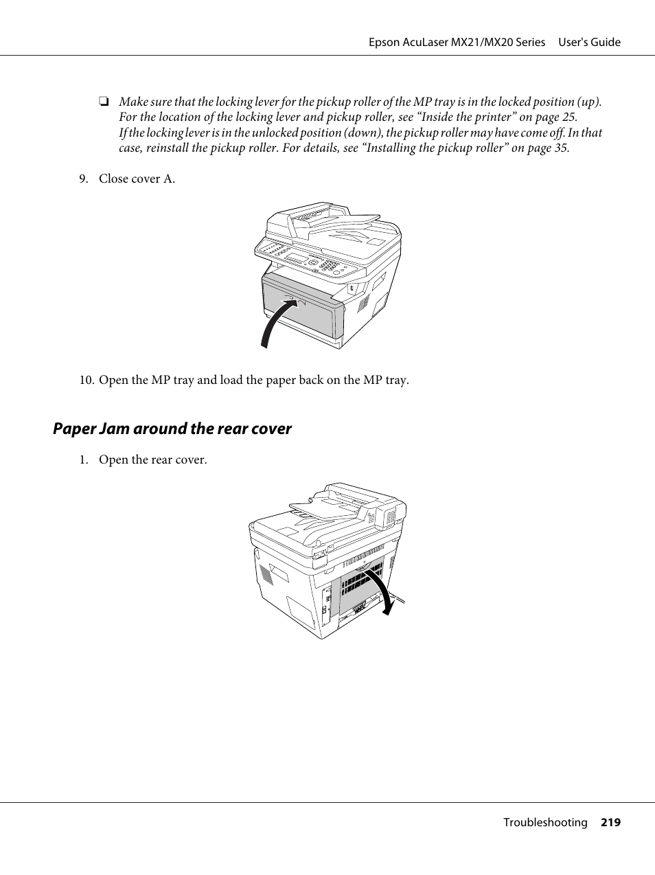 Paper jam around the rear cover | Epson AcuLaser MX20DNF User Manual | Page 219 / 286