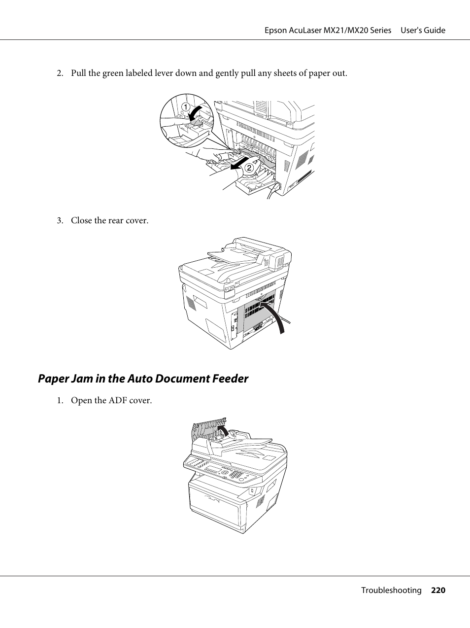 Paper jam in the auto document feeder | Epson AcuLaser MX20DNF User Manual | Page 220 / 286
