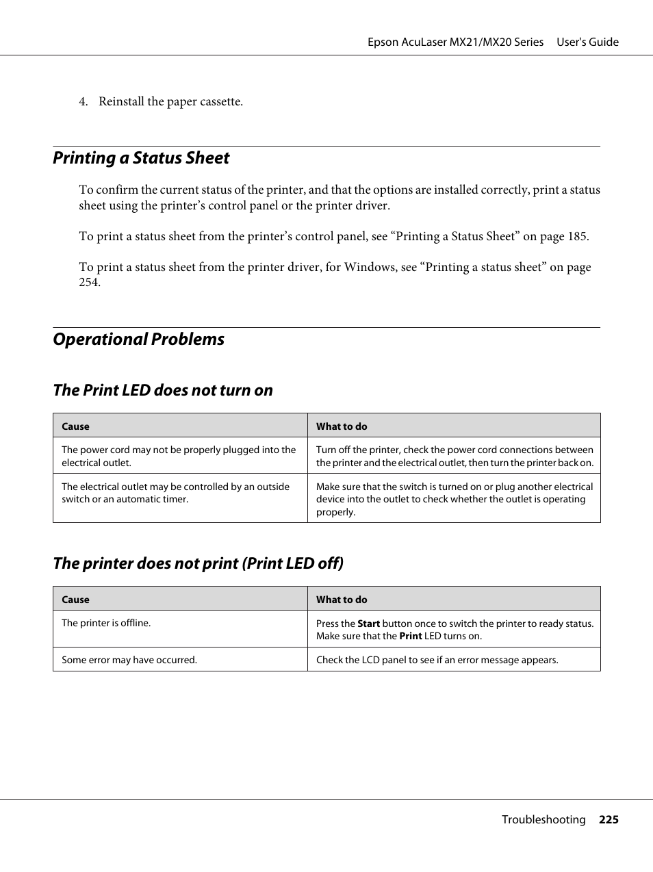 Printing a status sheet, Operational problems, The print led does not turn on | The printer does not print (print led off), Printing a status sheet operational problems | Epson AcuLaser MX20DNF User Manual | Page 225 / 286