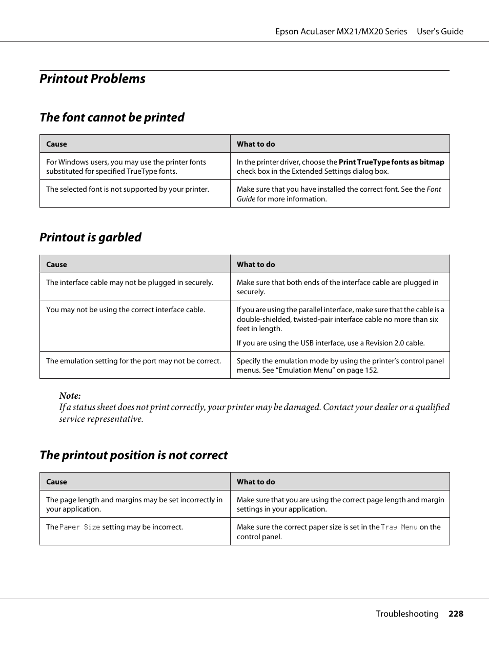 Printout problems, The font cannot be printed, Printout is garbled | The printout position is not correct | Epson AcuLaser MX20DNF User Manual | Page 228 / 286