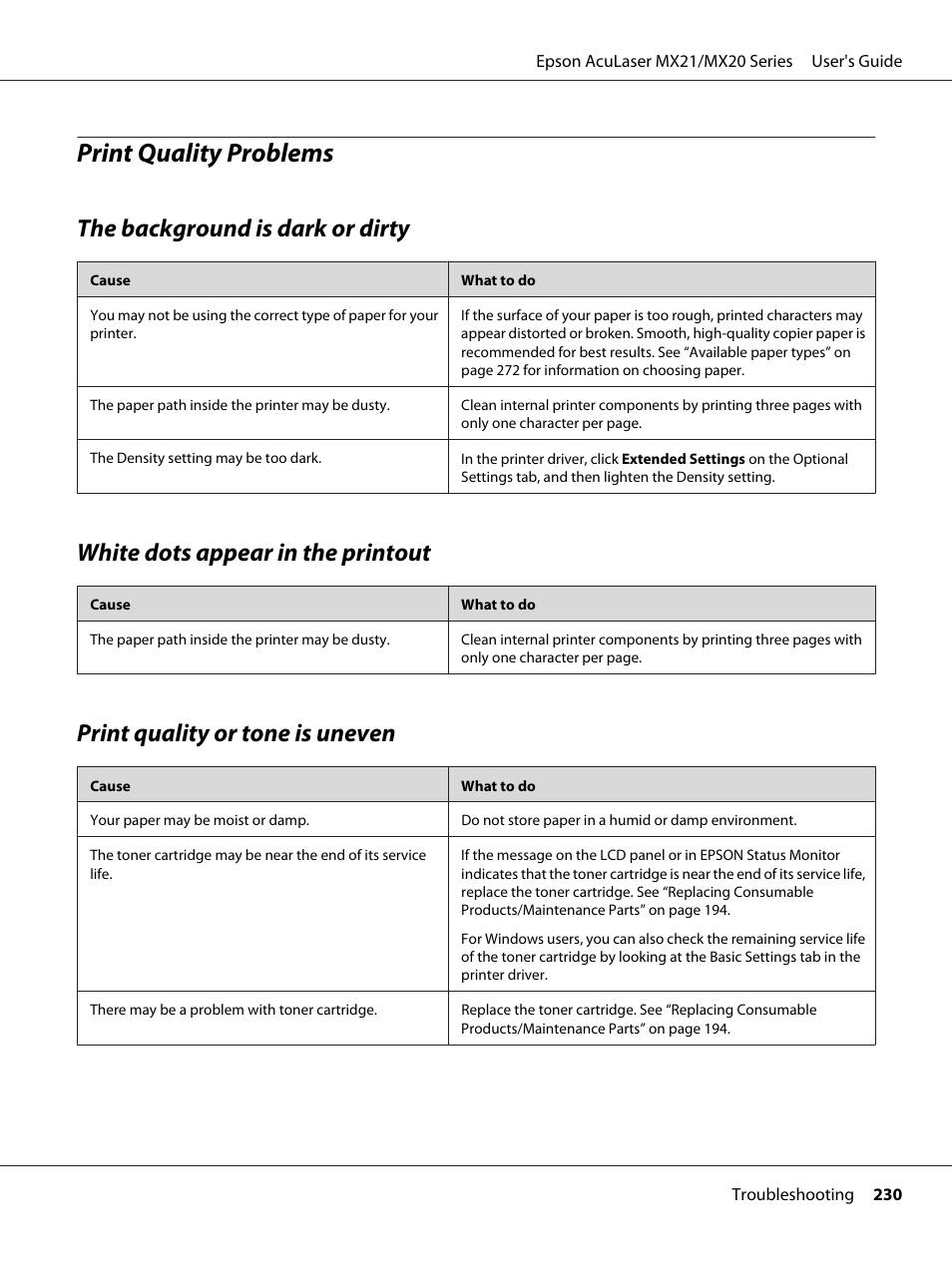 Print quality problems, The background is dark or dirty, White dots appear in the printout | Print quality or tone is uneven | Epson AcuLaser MX20DNF User Manual | Page 230 / 286