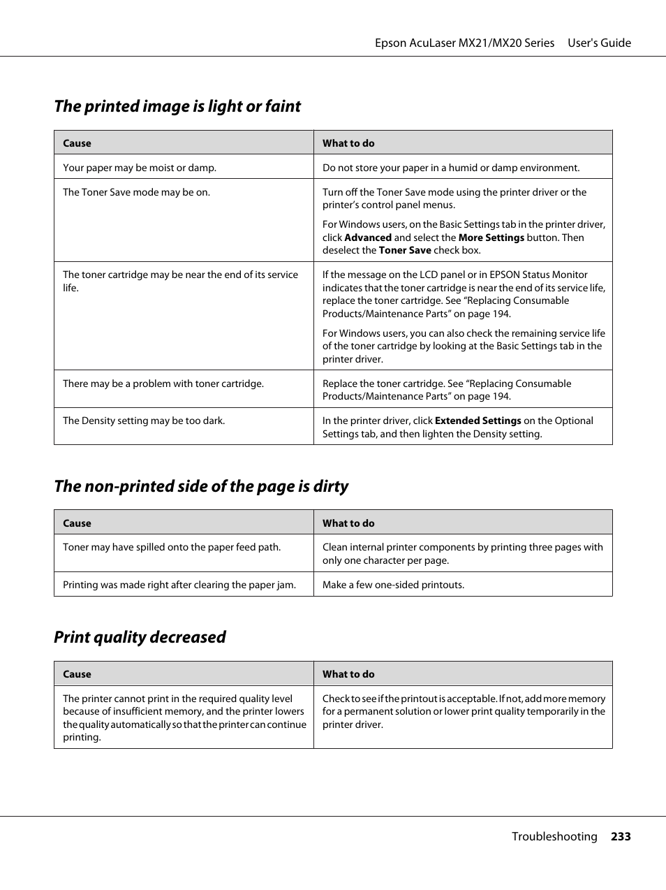 The printed image is light or faint, Print quality decreased, The non-printed side of the page is dirty | Epson AcuLaser MX20DNF User Manual | Page 233 / 286