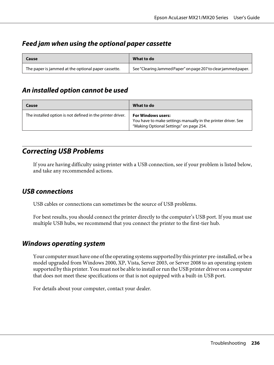 Feed jam when using the optional paper cassette, An installed option cannot be used, Correcting usb problems | Usb connections, Windows operating system | Epson AcuLaser MX20DNF User Manual | Page 236 / 286