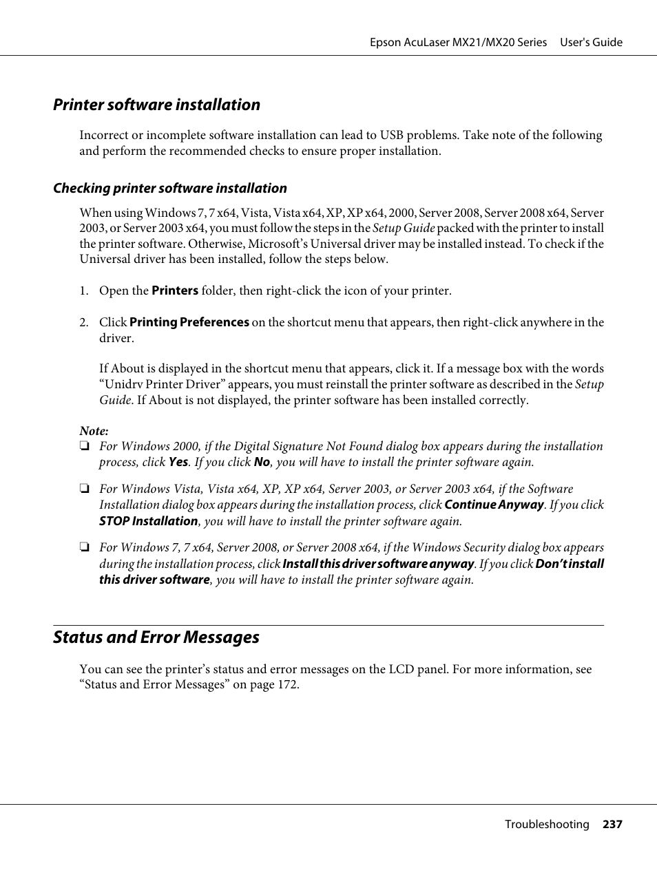 Printer software installation, Status and error messages | Epson AcuLaser MX20DNF User Manual | Page 237 / 286