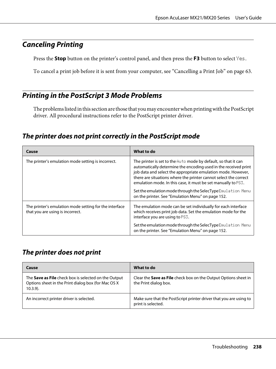 Canceling printing, Printing in the postscript 3 mode problems, The printer does not print | Epson AcuLaser MX20DNF User Manual | Page 238 / 286