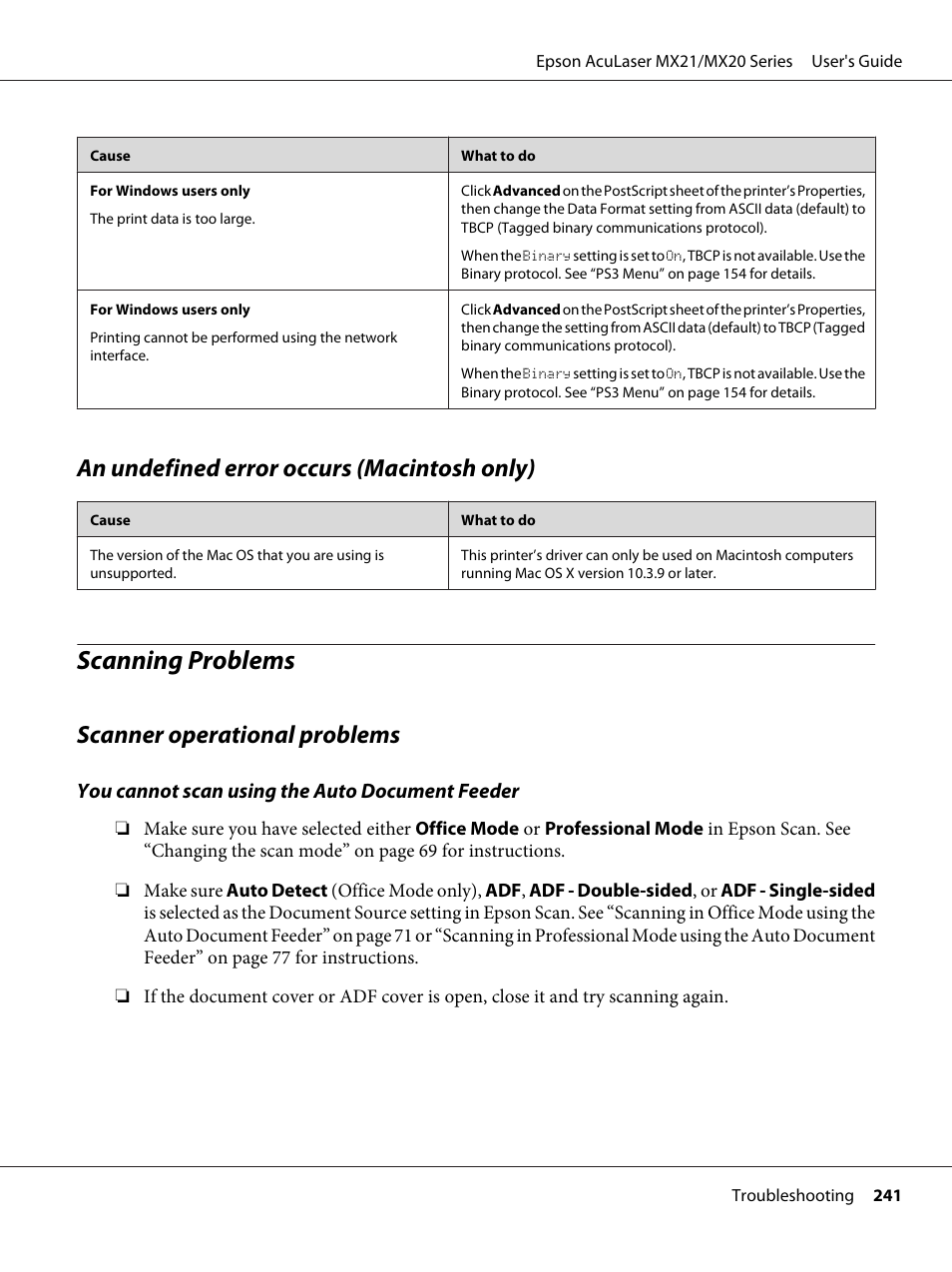 An undefined error occurs (macintosh only), Scanning problems, Scanner operational problems | Epson AcuLaser MX20DNF User Manual | Page 241 / 286