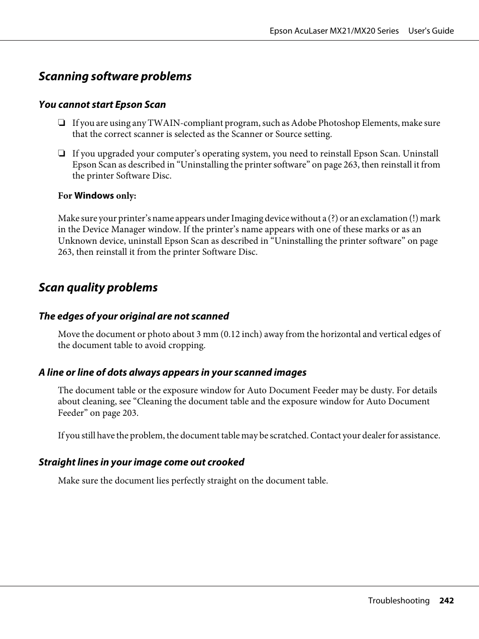 Scanning software problems, Scan quality problems, Scanning software problems scan quality problems | Epson AcuLaser MX20DNF User Manual | Page 242 / 286