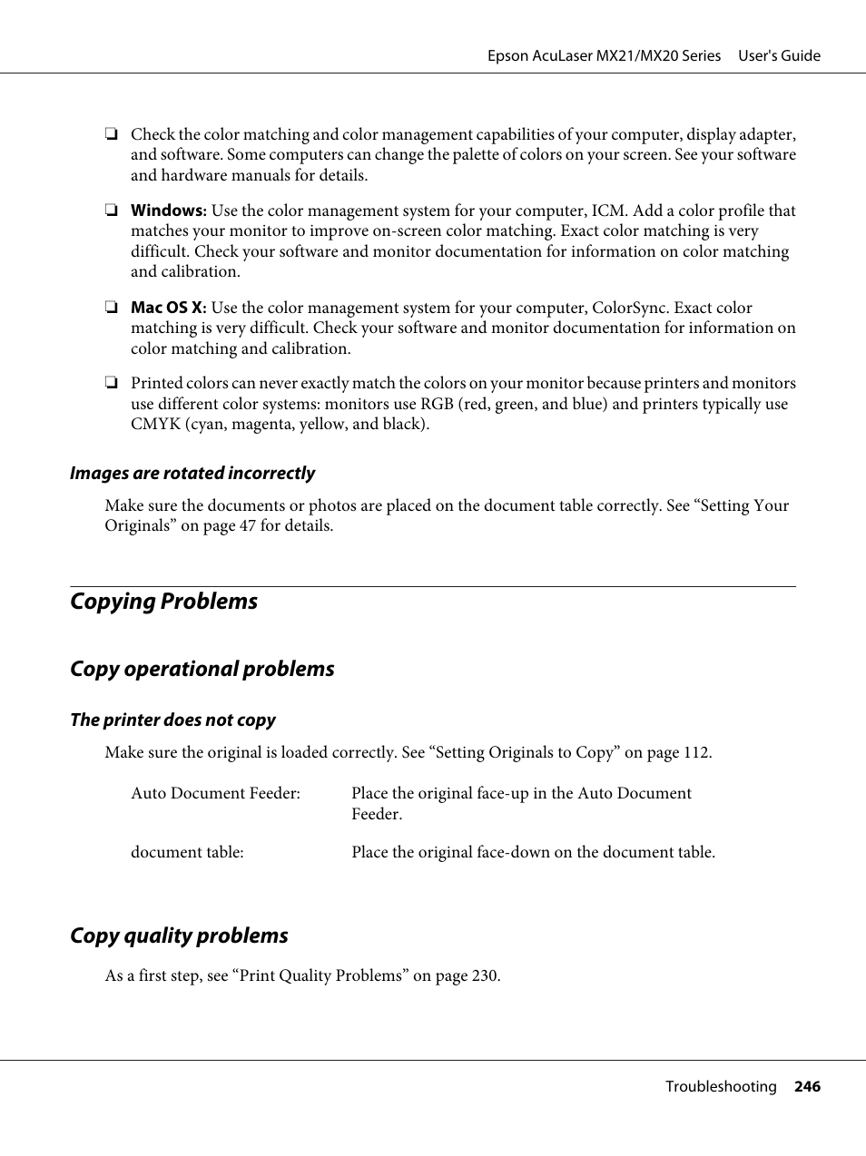 Copying problems, Copy operational problems, Copy quality problems | Copy operational problems copy quality problems | Epson AcuLaser MX20DNF User Manual | Page 246 / 286