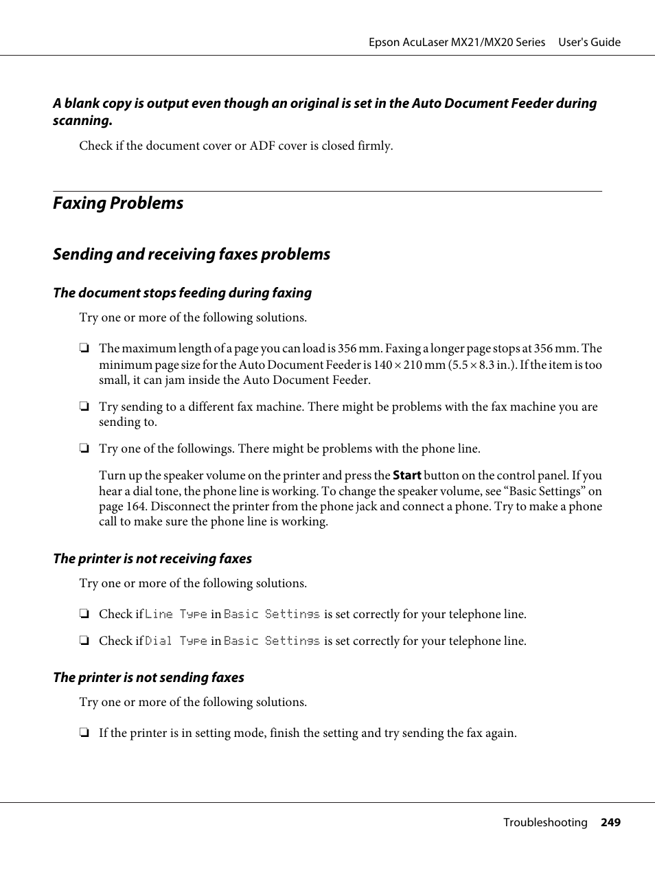 Faxing problems, Sending and receiving faxes problems | Epson AcuLaser MX20DNF User Manual | Page 249 / 286