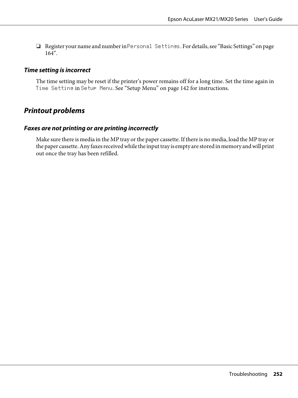 Printout problems | Epson AcuLaser MX20DNF User Manual | Page 252 / 286