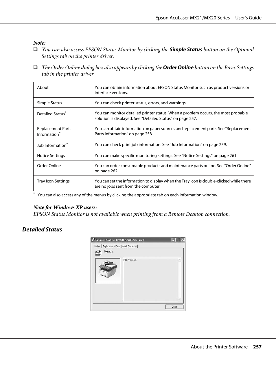 Detailed status | Epson AcuLaser MX20DNF User Manual | Page 257 / 286