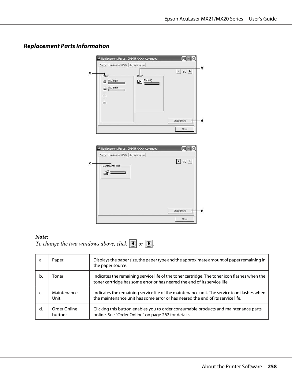 Replacement parts information | Epson AcuLaser MX20DNF User Manual | Page 258 / 286