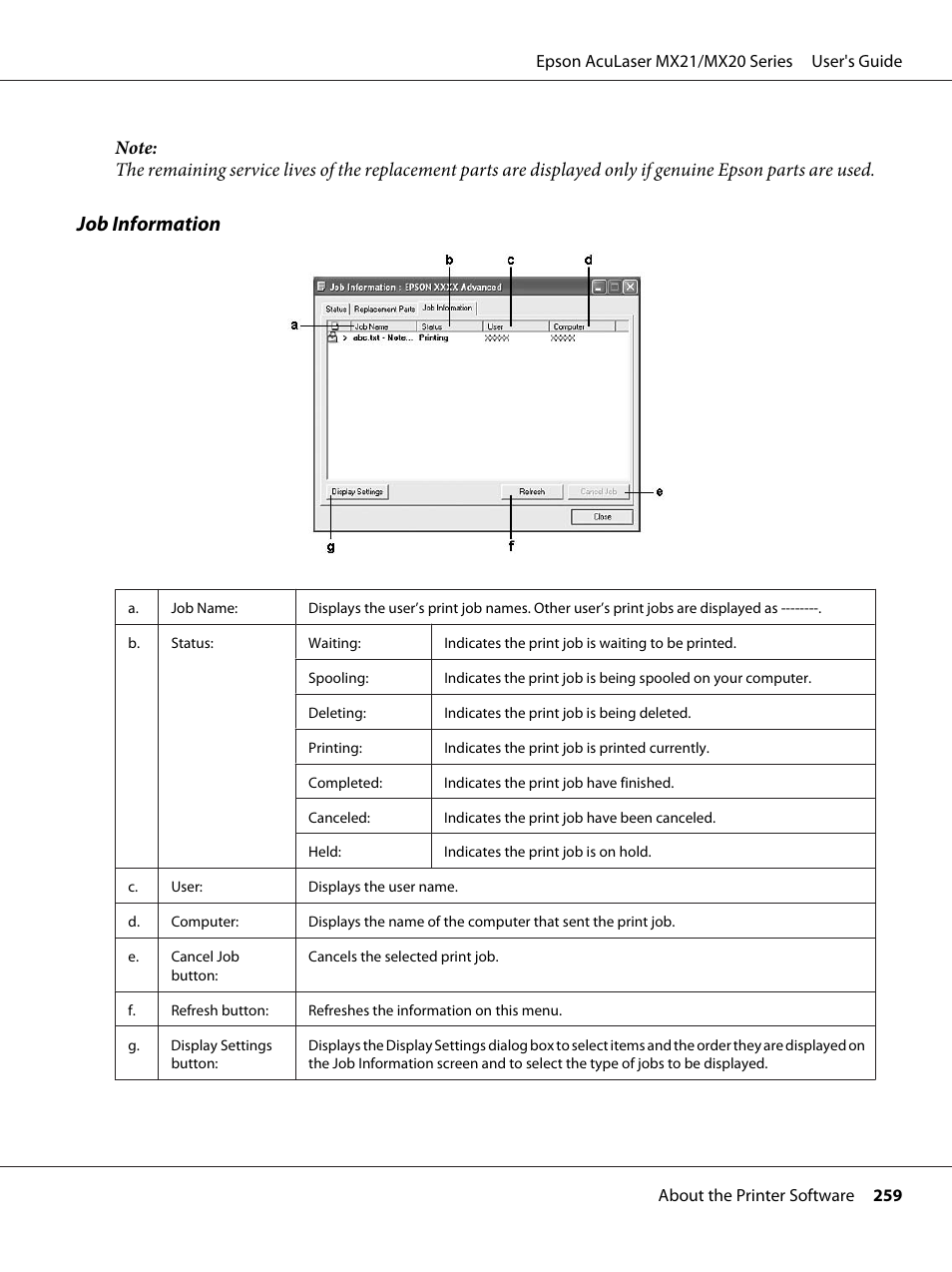 Job information | Epson AcuLaser MX20DNF User Manual | Page 259 / 286
