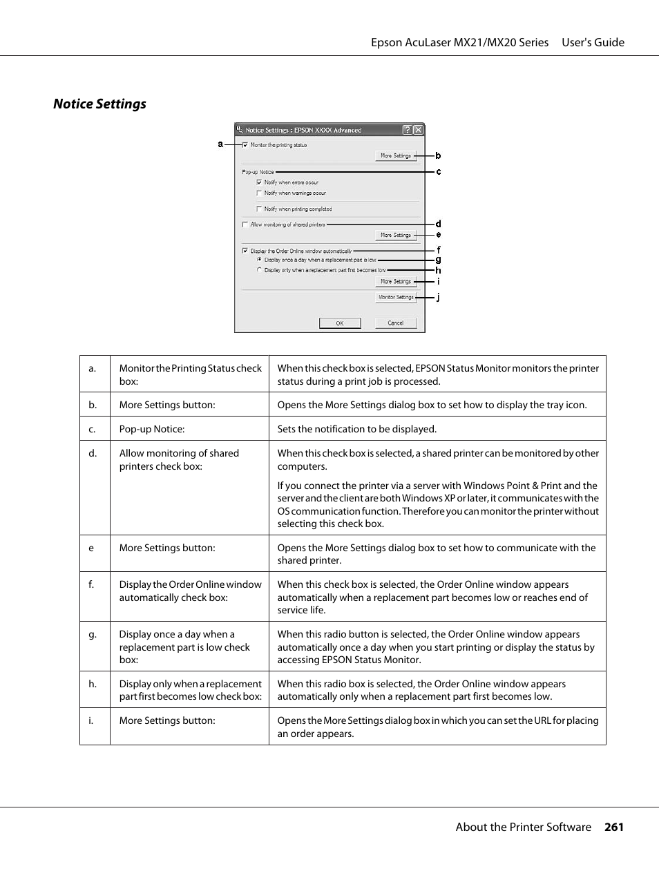 Notice settings | Epson AcuLaser MX20DNF User Manual | Page 261 / 286