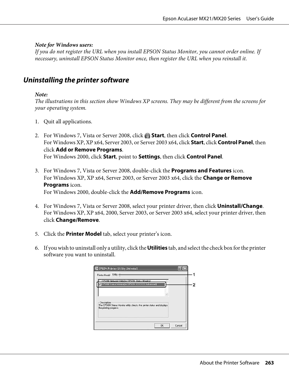Uninstalling the printer software | Epson AcuLaser MX20DNF User Manual | Page 263 / 286
