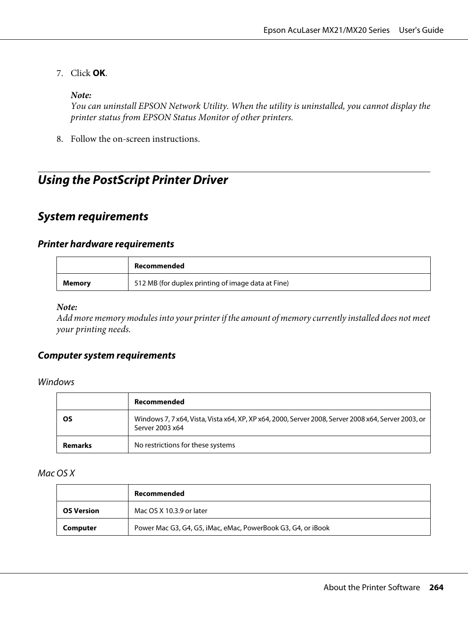 Using the postscript printer driver, System requirements | Epson AcuLaser MX20DNF User Manual | Page 264 / 286