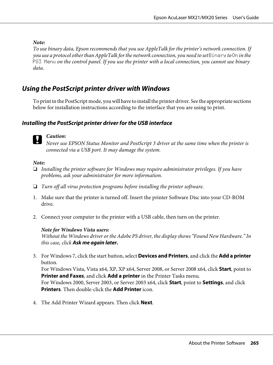 Using the postscript printer driver with windows | Epson AcuLaser MX20DNF User Manual | Page 265 / 286