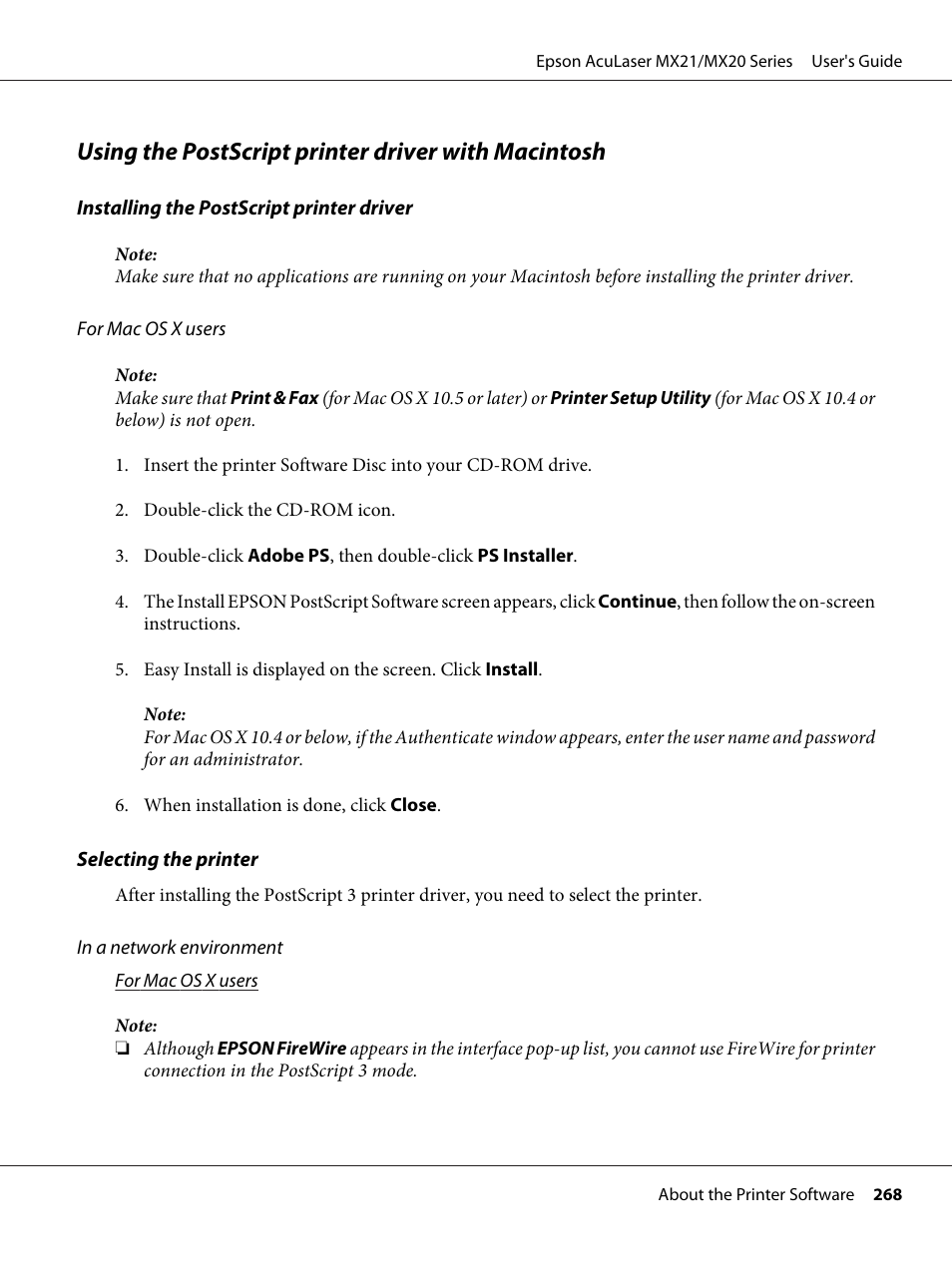 Using the postscript printer driver with macintosh | Epson AcuLaser MX20DNF User Manual | Page 268 / 286