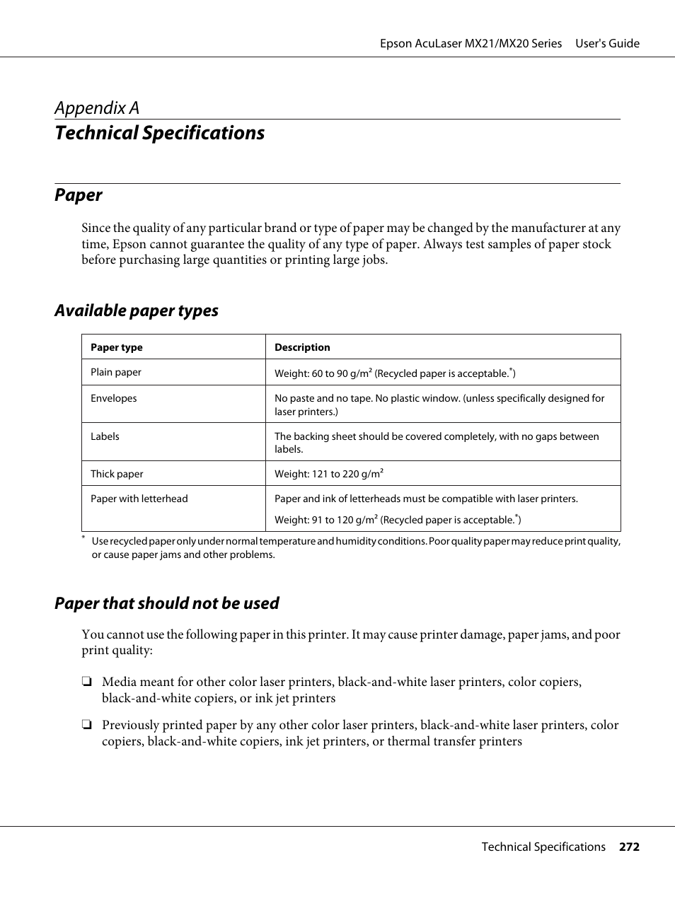 Technical specifications, Paper, Available paper types | Paper that should not be used, Appendix a technical specifications, Appendix a | Epson AcuLaser MX20DNF User Manual | Page 272 / 286