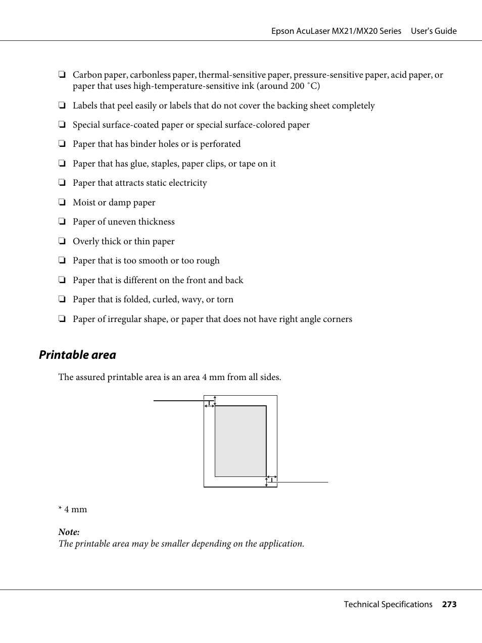 Printable area | Epson AcuLaser MX20DNF User Manual | Page 273 / 286