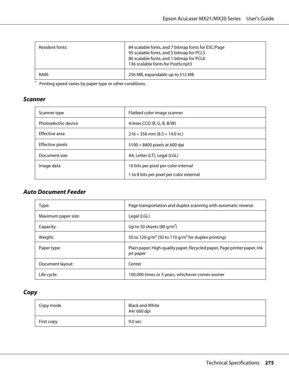 Scanner, Auto document feeder, Copy | Epson AcuLaser MX20DNF User Manual | Page 275 / 286