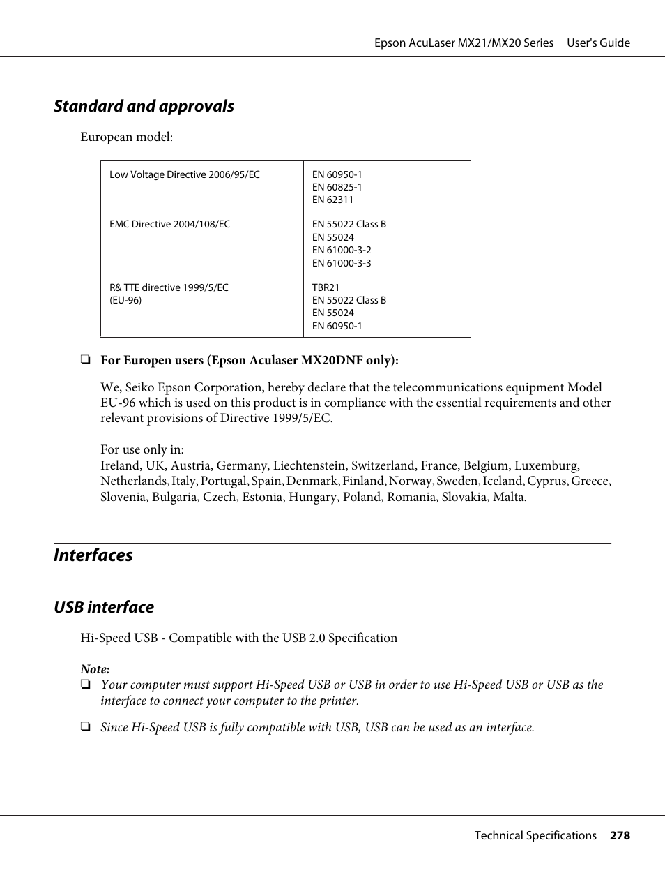 Standard and approvals, Interfaces, Usb interface | Epson AcuLaser MX20DNF User Manual | Page 278 / 286