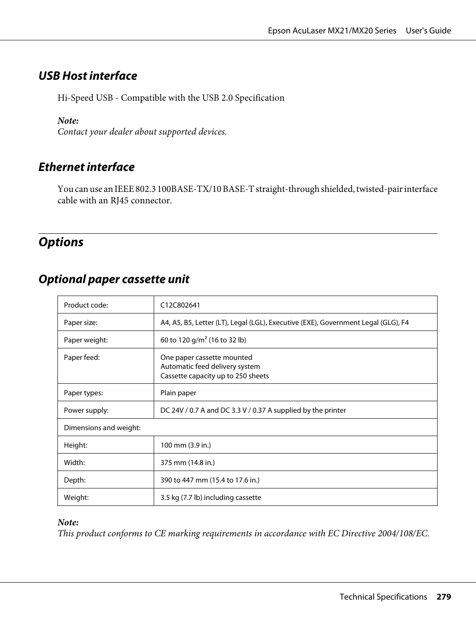 Usb host interface, Ethernet interface, Options | Optional paper cassette unit, Usb host interface ethernet interface | Epson AcuLaser MX20DNF User Manual | Page 279 / 286
