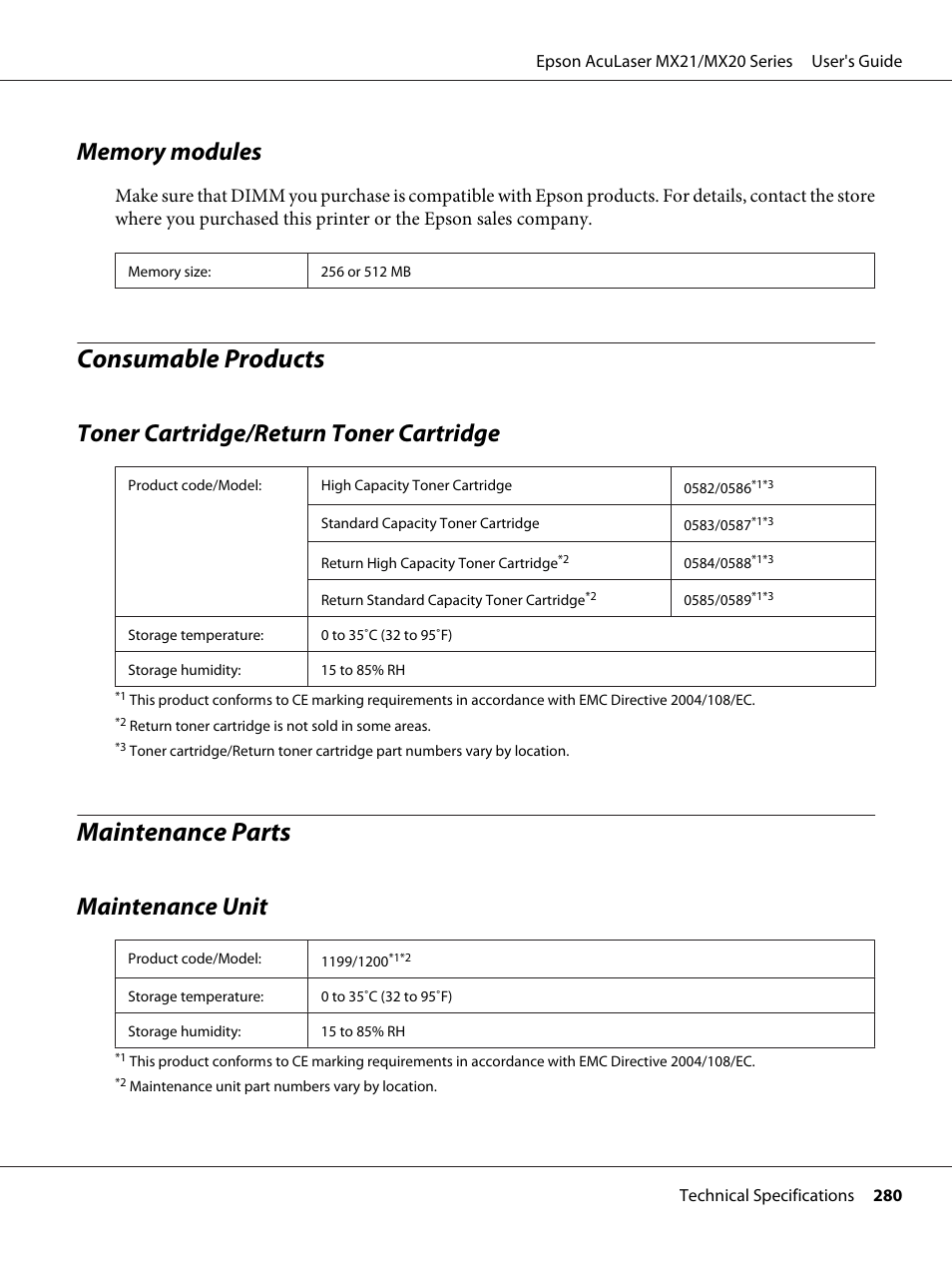 Memory modules, Consumable products, Toner cartridge/return toner cartridge | Maintenance parts, Maintenance unit | Epson AcuLaser MX20DNF User Manual | Page 280 / 286