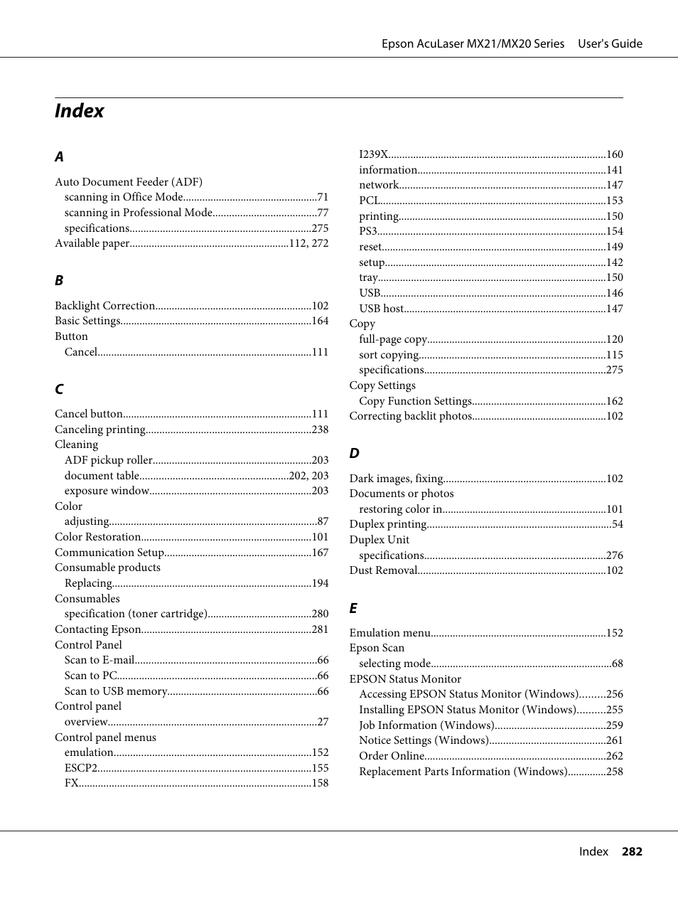 Index | Epson AcuLaser MX20DNF User Manual | Page 282 / 286