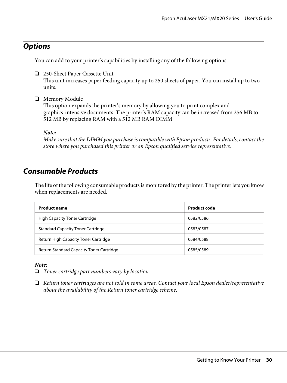 Options, Consumable products, Options consumable products | Epson AcuLaser MX20DNF User Manual | Page 30 / 286