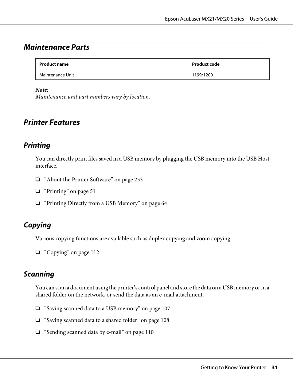 Maintenance parts, Printer features, Printing | Copying, Scanning, Maintenance parts printer features, Printing copying scanning | Epson AcuLaser MX20DNF User Manual | Page 31 / 286
