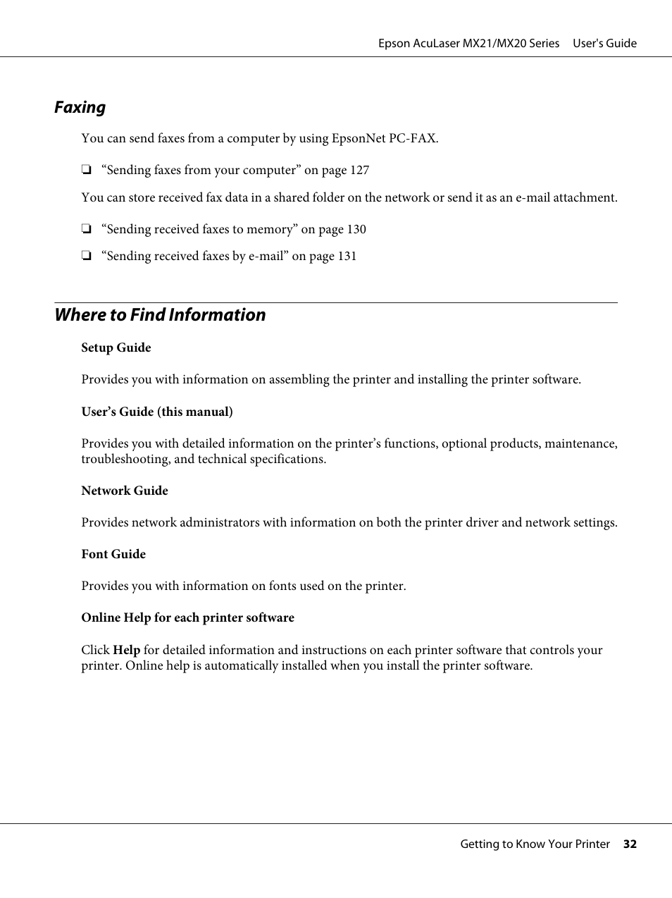 Faxing, Where to find information | Epson AcuLaser MX20DNF User Manual | Page 32 / 286