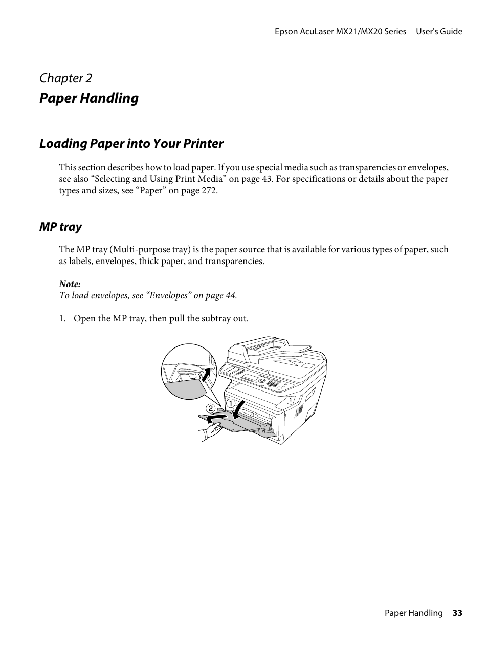 Paper handling, Loading paper into your printer, Mp tray | Chapter 2 paper handling, Chapter 2 | Epson AcuLaser MX20DNF User Manual | Page 33 / 286