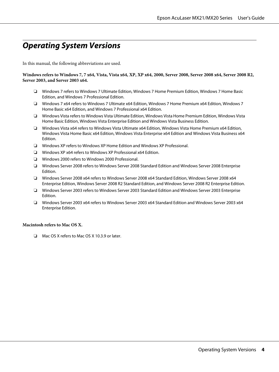 Operating system versions | Epson AcuLaser MX20DNF User Manual | Page 4 / 286