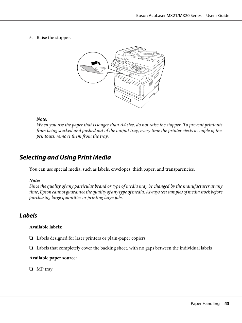 Selecting and using print media, Labels | Epson AcuLaser MX20DNF User Manual | Page 43 / 286