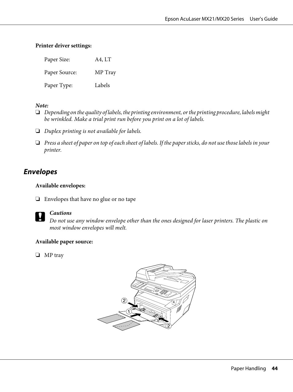 Envelopes | Epson AcuLaser MX20DNF User Manual | Page 44 / 286