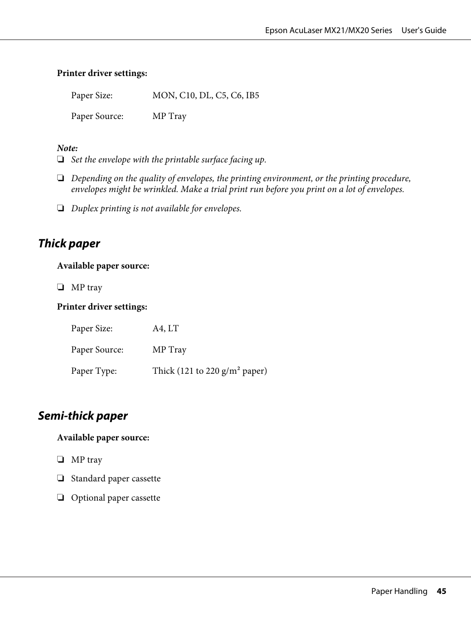 Thick paper, Semi-thick paper, Thick paper semi-thick paper | Epson AcuLaser MX20DNF User Manual | Page 45 / 286
