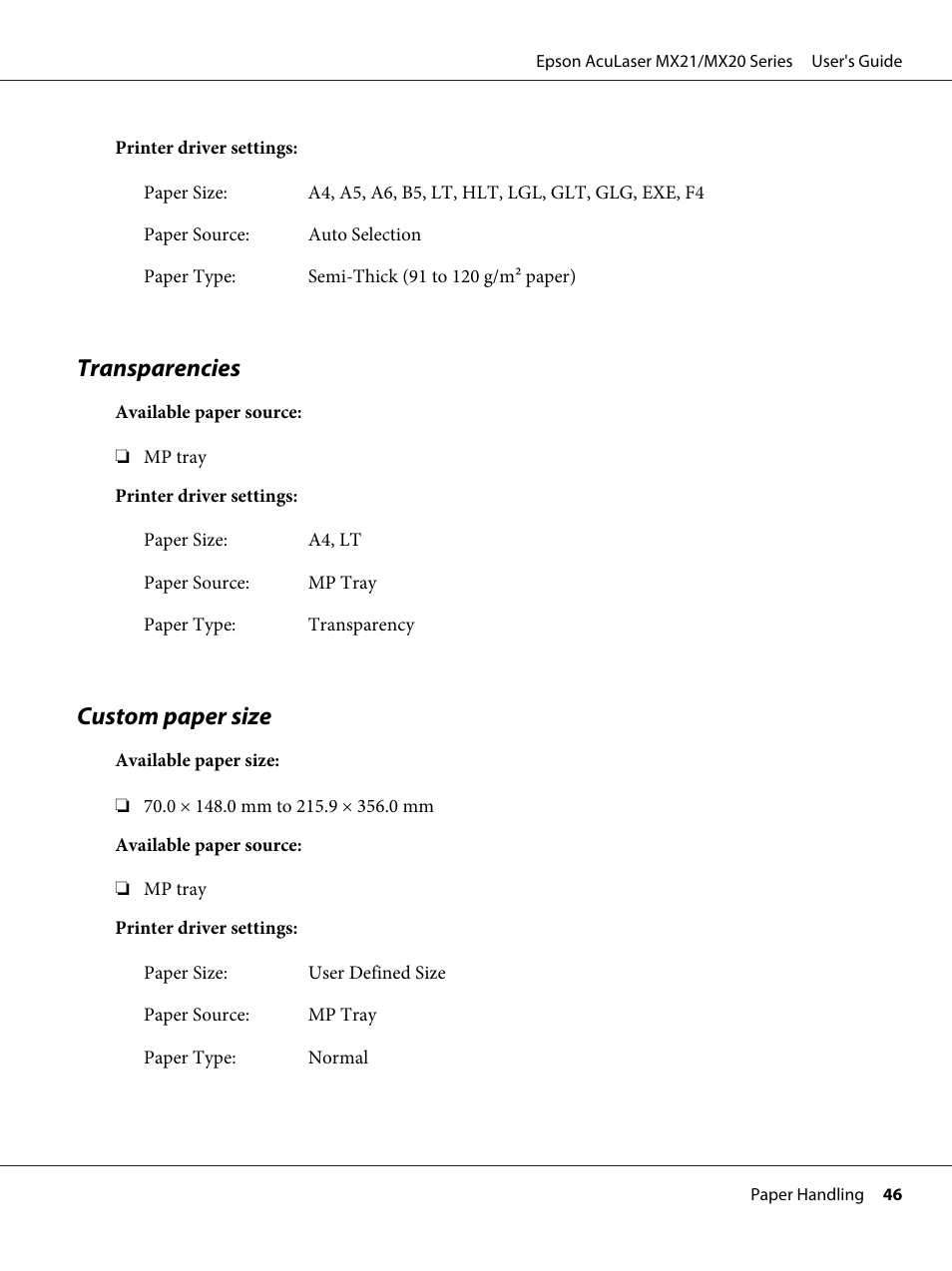 Transparencies, Custom paper size, Transparencies custom paper size | Epson AcuLaser MX20DNF User Manual | Page 46 / 286