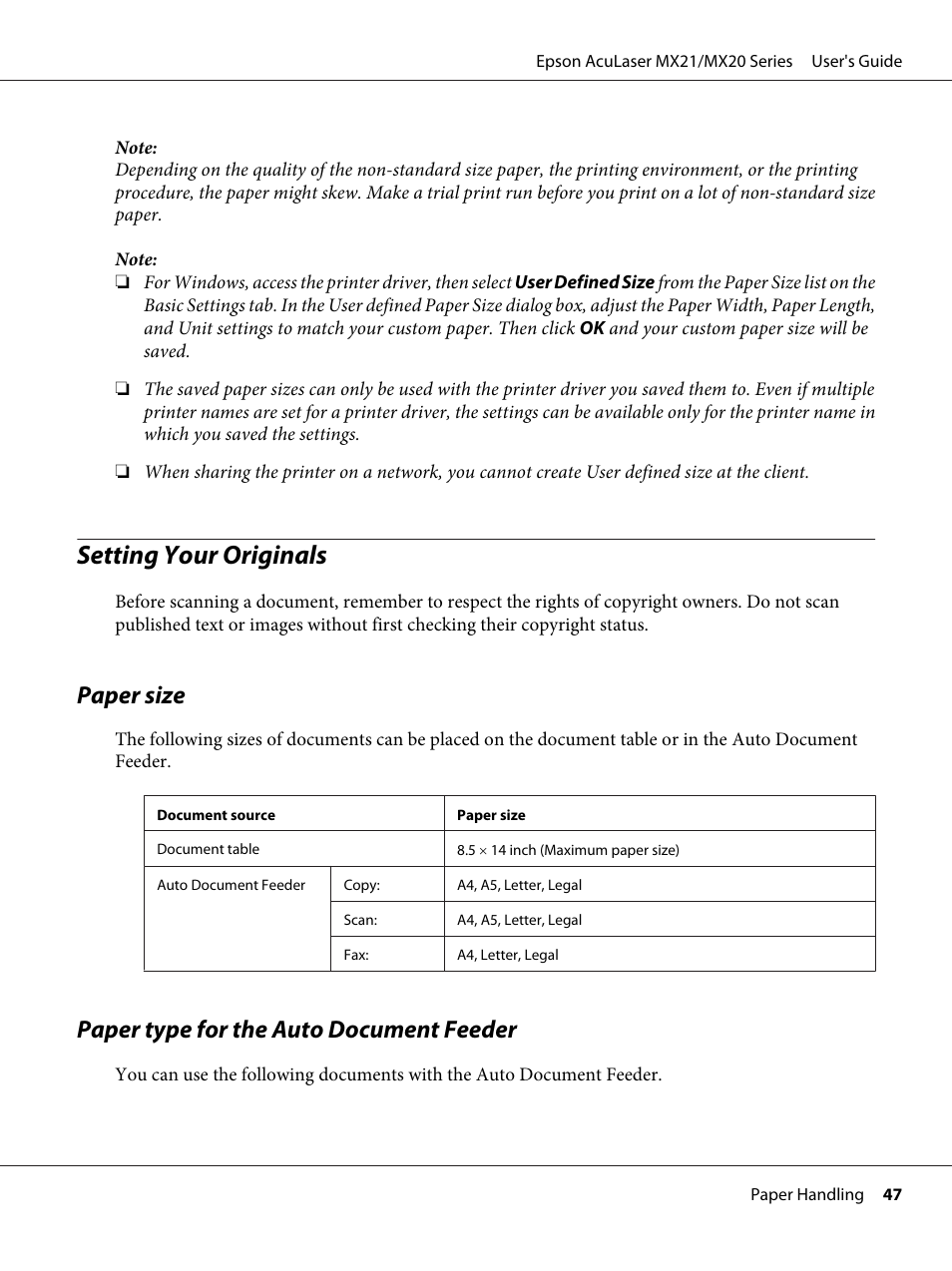 Setting your originals, Paper size, Paper type for the auto document feeder | Paper size paper type for the auto document feeder | Epson AcuLaser MX20DNF User Manual | Page 47 / 286