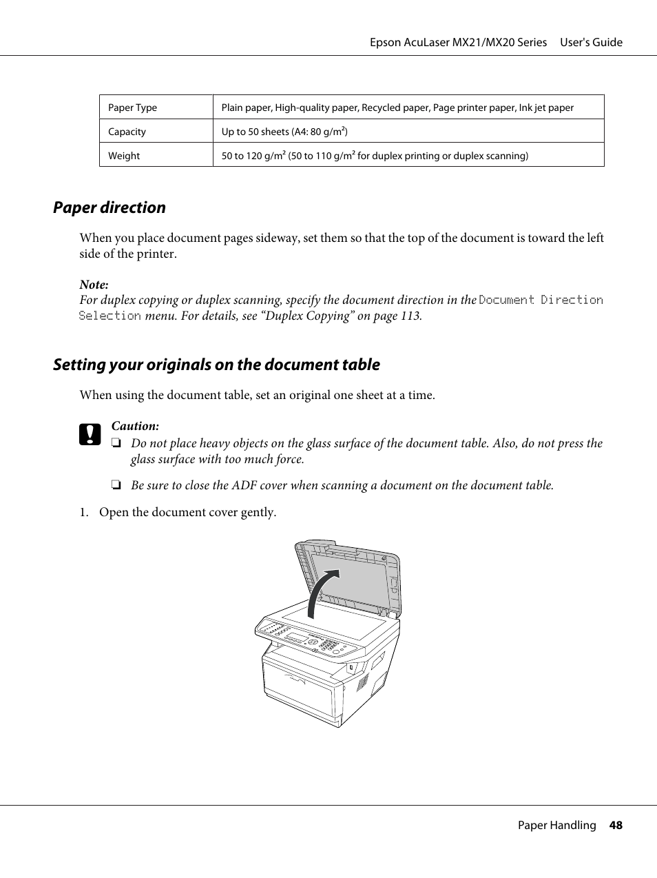 Paper direction, Setting your originals on the document table | Epson AcuLaser MX20DNF User Manual | Page 48 / 286