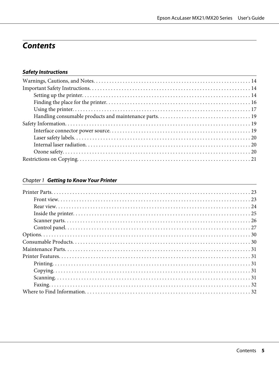 Epson AcuLaser MX20DNF User Manual | Page 5 / 286