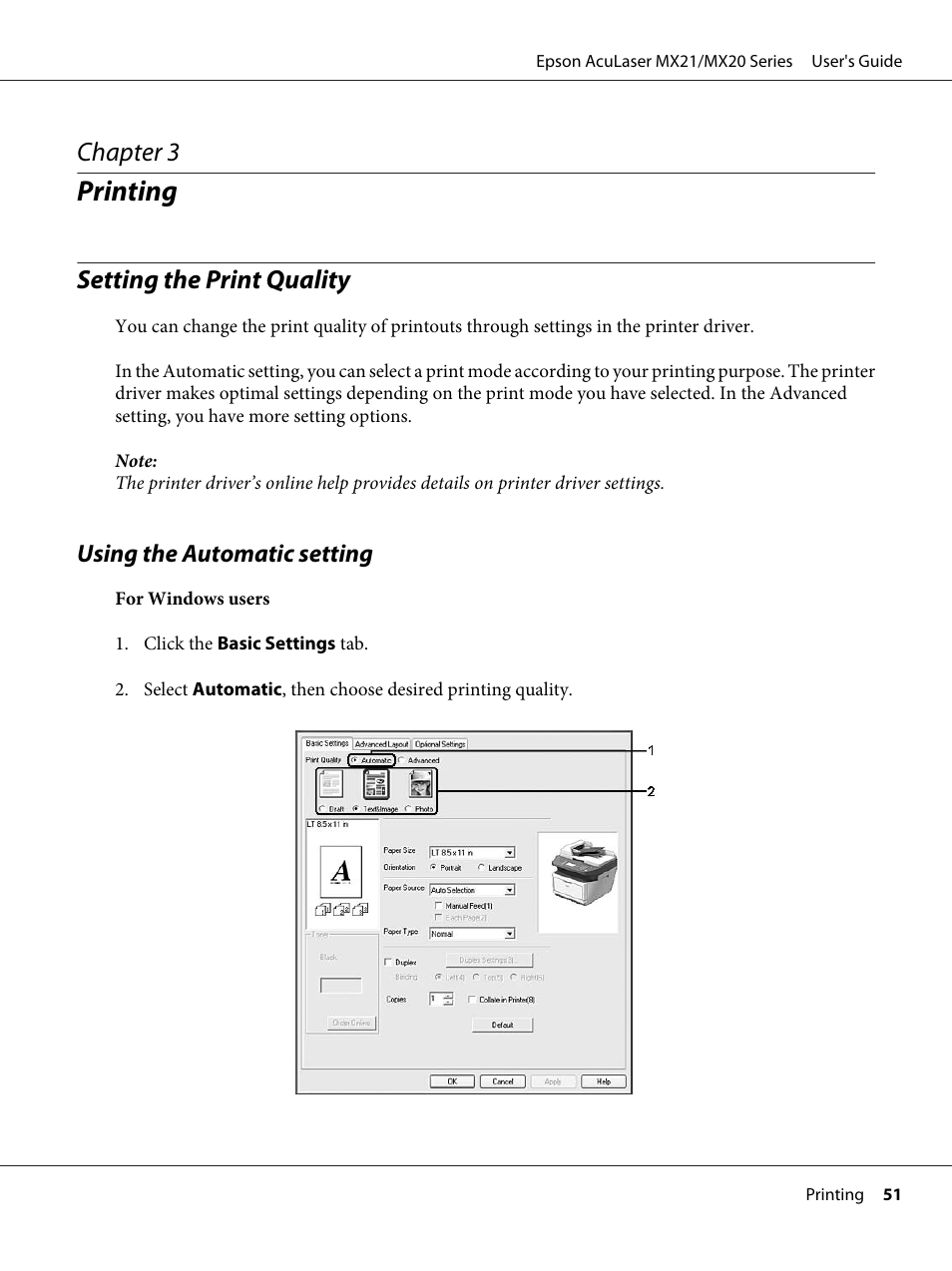 Printing, Setting the print quality, Using the automatic setting | Chapter 3 printing, Chapter 3 | Epson AcuLaser MX20DNF User Manual | Page 51 / 286