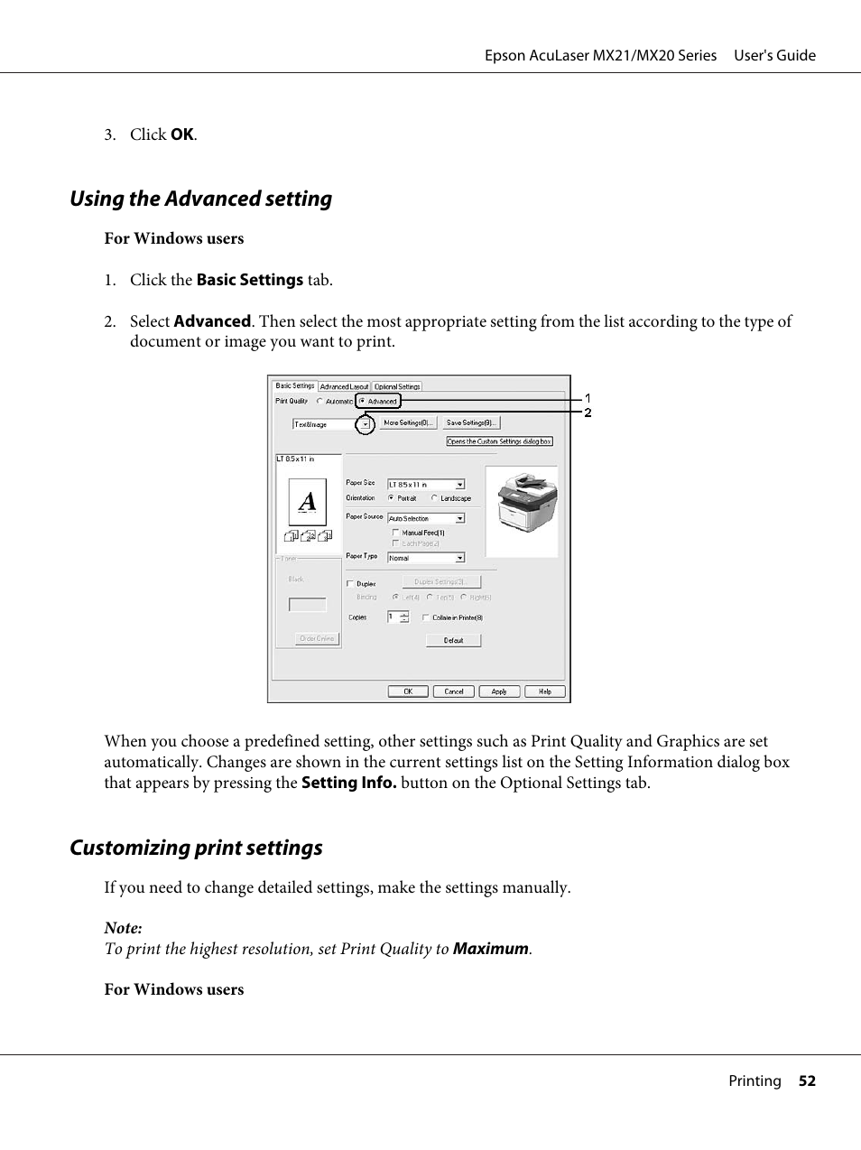 Using the advanced setting, Customizing print settings | Epson AcuLaser MX20DNF User Manual | Page 52 / 286