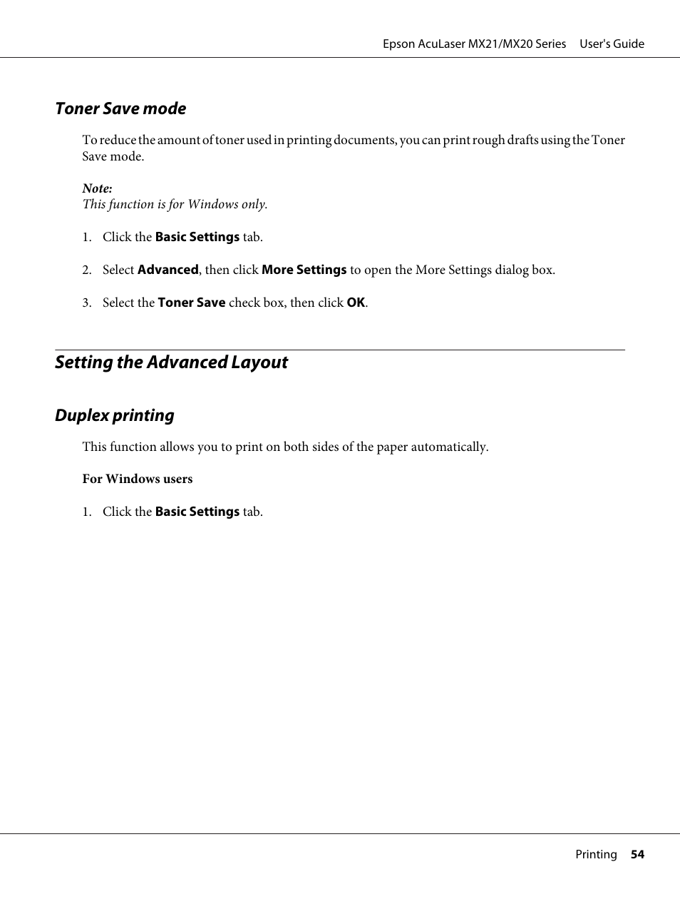 Toner save mode, Setting the advanced layout, Duplex printing | Epson AcuLaser MX20DNF User Manual | Page 54 / 286
