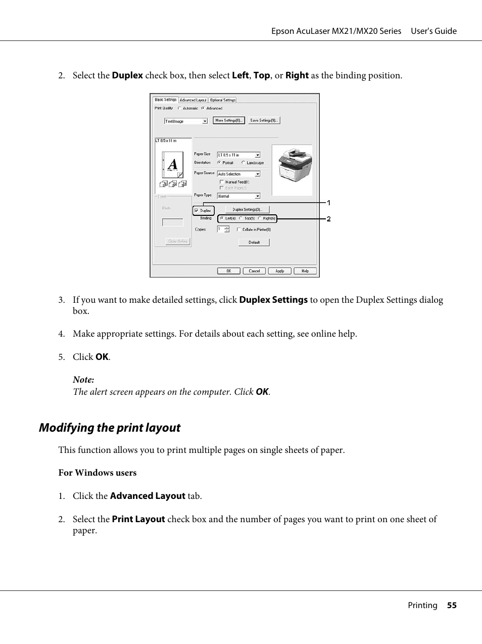 Modifying the print layout | Epson AcuLaser MX20DNF User Manual | Page 55 / 286