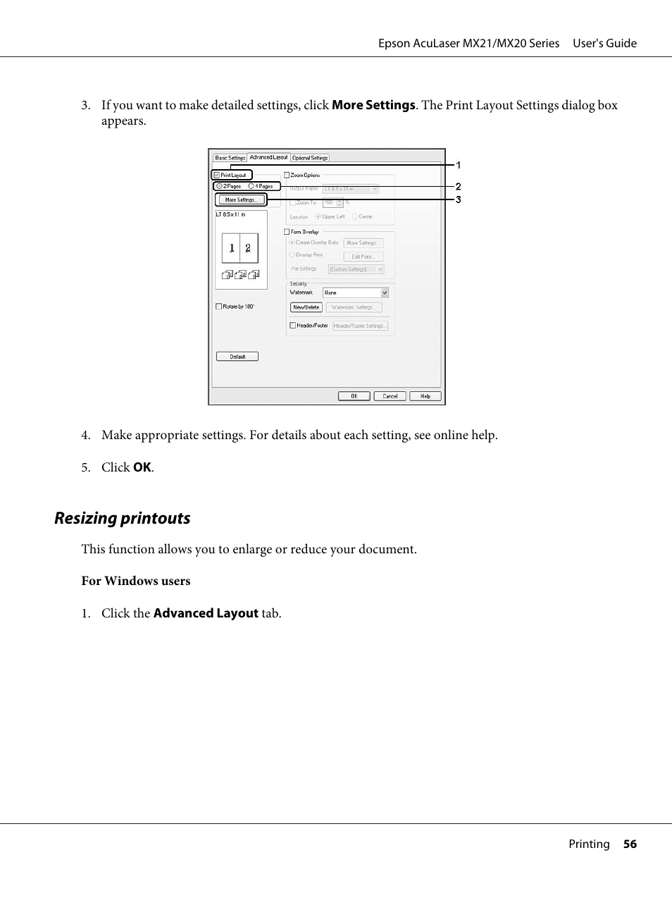 Resizing printouts | Epson AcuLaser MX20DNF User Manual | Page 56 / 286