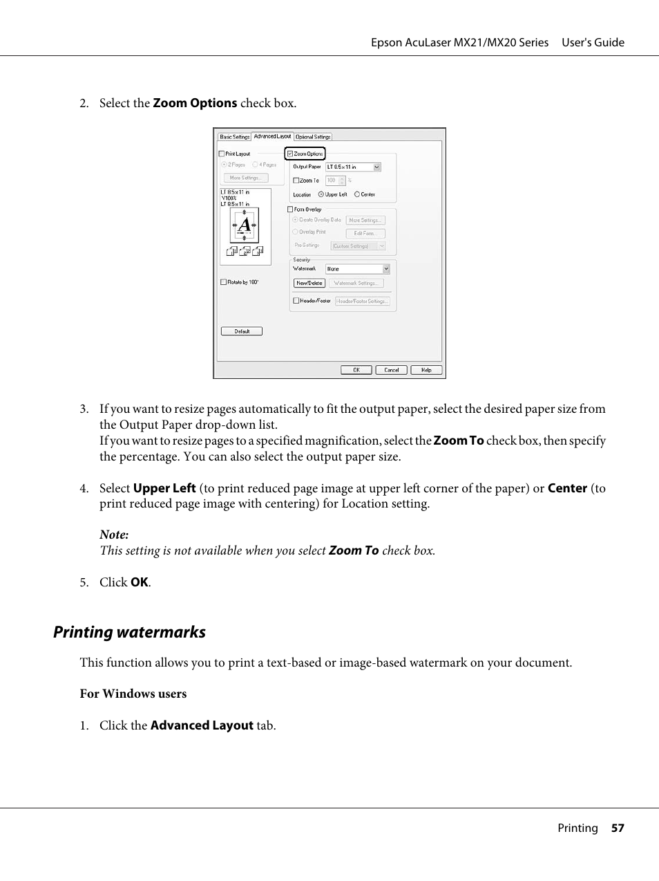 Printing watermarks | Epson AcuLaser MX20DNF User Manual | Page 57 / 286