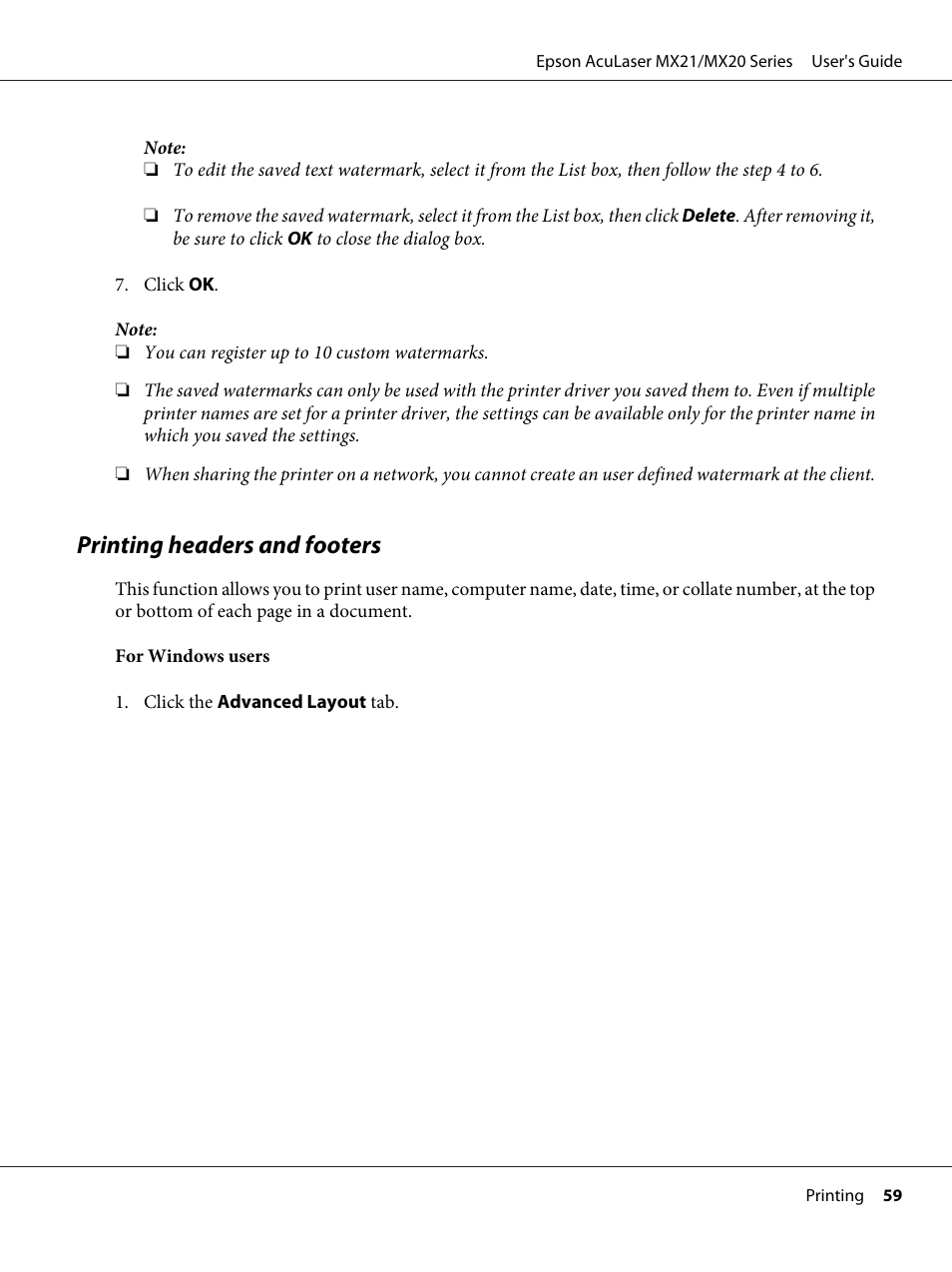 Printing headers and footers | Epson AcuLaser MX20DNF User Manual | Page 59 / 286