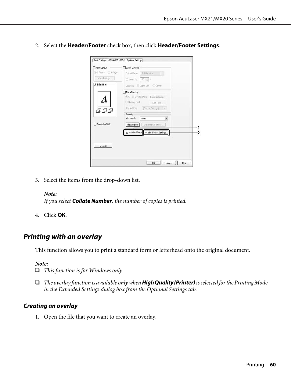 Printing with an overlay | Epson AcuLaser MX20DNF User Manual | Page 60 / 286