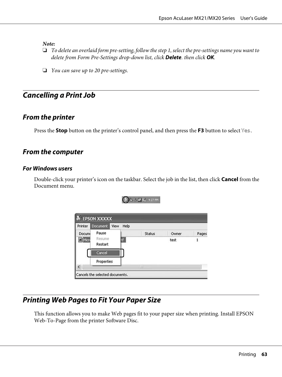 Cancelling a print job, From the printer, From the computer | From the printer from the computer, Printing web pages to fit your paper size | Epson AcuLaser MX20DNF User Manual | Page 63 / 286